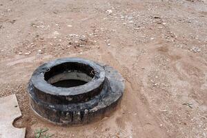 Warning A manhole is uncovered on a dirt surface, posing a safety risk. Stay cautious and ensure proper ventilation photo