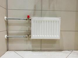 In the bathroom, a white radiator is elegantly mounted on a tiled wall, making it a functional and stylish fixture. Its presence adds warmth to the area while enhancing the decor photo