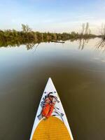 Experience the tranquility of paddleboarding on a serene river at dusk, embraced by lush greenery and calm waters photo