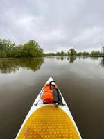 Witness a peaceful sight as a kayak smoothly glides on a peaceful lake surrounded by a picturesque forest, showcasing the beauty of nature and the tranquility of the environment photo