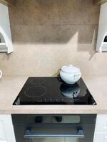 At this moment, a cooking pot is placed on a stove inside the kitchen, a designated space that facilitates the essential activities of cooking and meal preparation in a residential setting photo