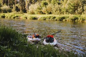 Two kayaks peacefully float on a tranquil river amidst a lush natural landscape with green grass and plants, creating a serene scene of watercraft harmoniously blending into nature photo