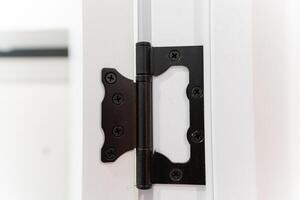 This image showcases a detailed closeup view of a black door hinge that is affixed to a white door, highlighting the contrast between the colors and materials used in this fixture photo