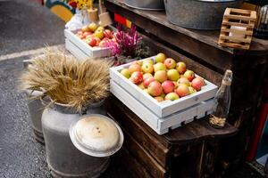 A Beautiful Display of Fresh Apples and Rustic Produce at the Local Market, Showcasing Artisan Goods photo