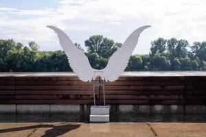 A breathtaking and magnificent angel statue, complete with intricately detailed wings, stands gracefully next to a tranquil and serene lake, providing an enchanting view for all who pass by photo