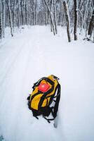 On a snowy path, a bright yellow backpack is laying in the thick white snow, clearly contrasting against the winter landscape all around it, creating a striking image of this scene photo