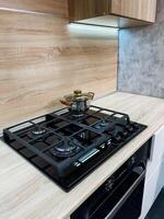 A typical kitchen typically includes a stove powered by gas, complete with a pot sitting on top, emphasizing the common culinary tools and appliances frequently found in home environments photo