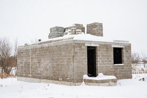 A beautiful winter scene depicts an abandoned concrete structure isolated in soft, untouched snow, creating a serene and pristine landscape that truly captivates the senses photo