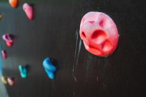 This image provides a closeup view of a climbing wall that features a variety of multicolored rocks, showcasing different hues and shades that enhance the climbing experience further photo