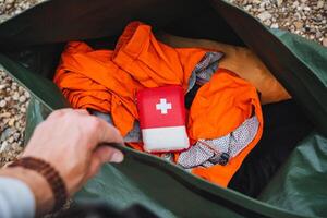 Make sure to pack Camping Gear Essentials First Aid Kit and Safety Equipment in your Backpack for outdoor adventures and emergency preparedness while camping or hiking photo