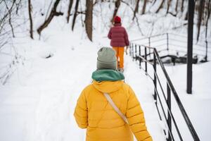 Two individuals take a leisurely stroll down a snowy path in the picturesque woods, fully enjoying the serene winter scenery while staying warm and cozy in their jackets and knit caps photo