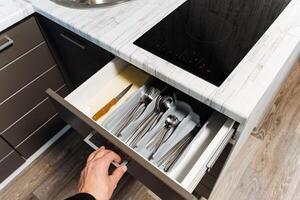 Discover the art of modern kitchen drawer organization featuring neatly arranged cutlery and utensils to enhance functionality for your cooking and dining experience photo