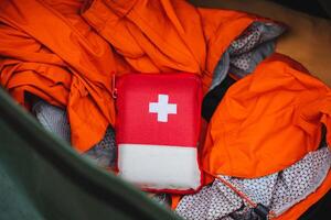 Surrounded by orange safety gear in a camping environment, the Emergency First Aid Kit ensures health and safety for outdoor adventures and emergencies in nature photo