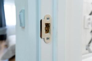 In this image, we have a detailed closeup of a door latch that is affixed to a pristine white door, showcasing its design and functionality prominently against the doors surface photo