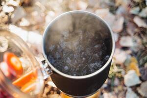 A pot that is filled with boiling water has been carefully placed on top of a stove, which is a common kitchen appliance utilized for cooking an extensive range of foods and beverages photo