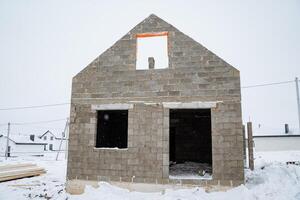 A sturdy brick house is currently under construction amidst thick, beautiful white snow, which emphasizes the unique challenges and aesthetic value of building in harsh winter conditions photo