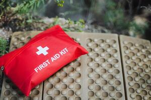 A first aid kit is placed on a portable mat for quick access during emergencies, ensuring safety and efficiency in handling unexpected situations like accidents or injuries photo