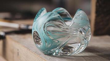 Intricate Handcrafted Glass Bowl with Swirling Blue Patterns on Wooden Surface in Rustic Setting photo