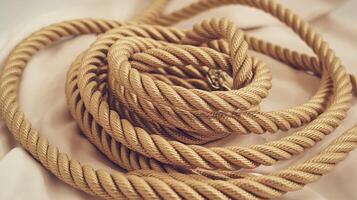 Close Up of Golden Twisted Rope on Soft Beige Fabric Background Representing Elegance and Strength photo