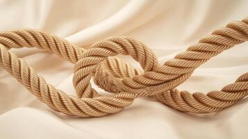 Closeup of Twisted Beige Rope Knotted on Soft Cream Fabric Background Representing Strength and Connection photo