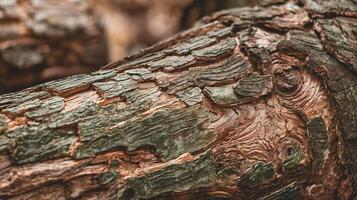 Closeup of Weathered Tree Bark with Brown and Green Textures in Natural Forest Setting photo