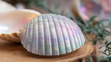 Closeup of Shimmering Iridescent Seashell with Natural Texture on Wooden Surface and Greenery Background photo