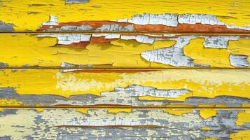 Peeling Yellow Paint on Weathered Wooden Surface with Orange and Gray Layers in Rustic Background photo