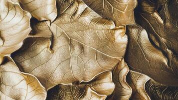 Close Up of Gold Metallic Leaves with Textured Surface in Abstract Natural Pattern Background photo