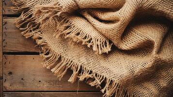 Coarse Jute Burlap Fabric with Fringed Edges on Rustic Wood Surface for Eco Friendly Natural Textures photo