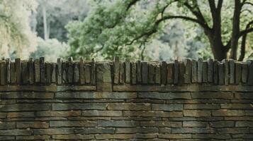 Rustic Stone Wall with Natural Texture in Front of Green Forest Trees Under Daylight Sky photo