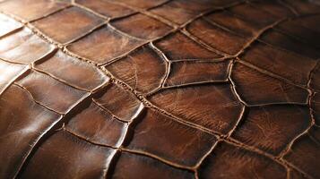 Close Up of Embossed Brown Crocodile Leather Texture with Detailed Lines and Natural Pattern Background photo