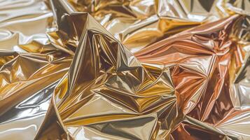 Abstract Metallic Gold and Bronze Wrinkled Texture Modern Shiny Reflective Foil Background photo