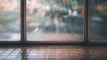 Rainy Window with Droplets Overlooking Blurred Urban Landscape and Reflection on Tiled Surface photo
