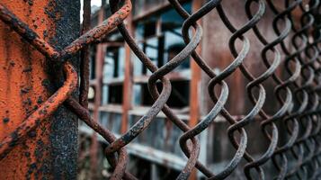 Closeup of Rusty Metal Chain Link Fence with Abandoned Building in Background Depicting Decay and Neglect photo