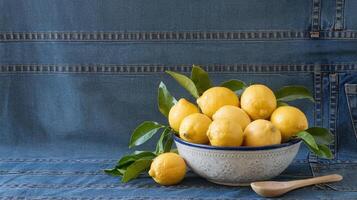 Fresh Yellow Lemons in White Ceramic Bowl with Leaves on Denim Fabric Background photo