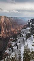 Scenic Winter Canyon Overlook with Snow Covered Trees and Red Rock Cliffs Under Cloudy Sky photo