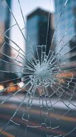 Closeup of Shattered Glass Pane with City Buildings and Lights in Background Representing Fragility and Impact photo