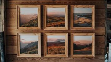 Rustic Wooden Wall Displaying Framed Landscape graphs of Nature at Sunset with Warm Tones photo