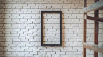 Empty Black Rectangular Frame Hanging On White Textured Brick Wall Rustic Interior Design Concept photo