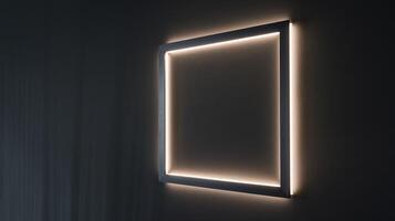 Modern Minimalist Square LED Light Frame on Dark Wall with Soft Glowing Warm Light photo