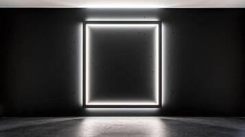 Modern Minimalist Illuminated Square Frame on Black Wall in Dark Room with Glossy Flooring photo
