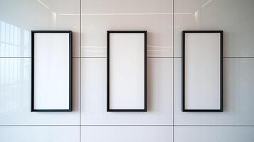 Minimalist Wall Display with Three Vertical Blank Frames in Black Border on Modern White Background photo
