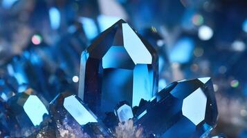 Close Up of Vibrant Blue Crystal Cluster with Geometric Facets and Reflective Surface in Soft Lighting photo