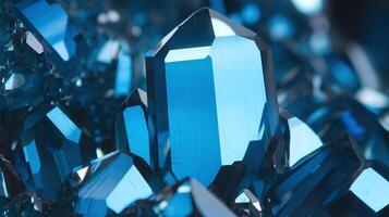 Closeup of Vibrant Blue Crystal Cluster with Sharp Geometric Facets and Reflective Surfaces photo