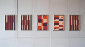 Abstract Geometric Art with Red and Orange Patterns in Frames on Minimalist Beige Wall Background photo