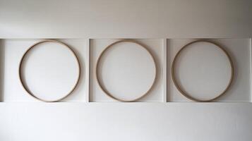 Three Wooden Circular Frames on White Artistic Minimal Wall Background with Soft Lighting photo