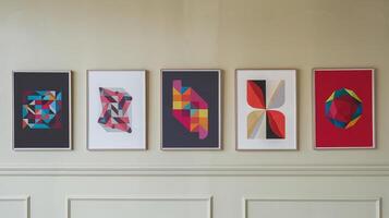 Framed Geometric Abstract Art Prints on Neutral Beige Wall in Minimalistic Interior Design photo