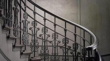 Elegant Curved Iron Staircase with Ornamental Railing in Classic Interior with Neutral Gray Walls photo