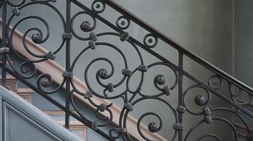 Elegant Black Wrought Iron Staircase Railing with Intricate Scrollwork on Gray Wall Background photo