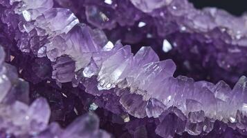 Closeup of Purple Amethyst Crystal Cluster with Sharp Faceted Edges and Shimmering Surfaces photo
